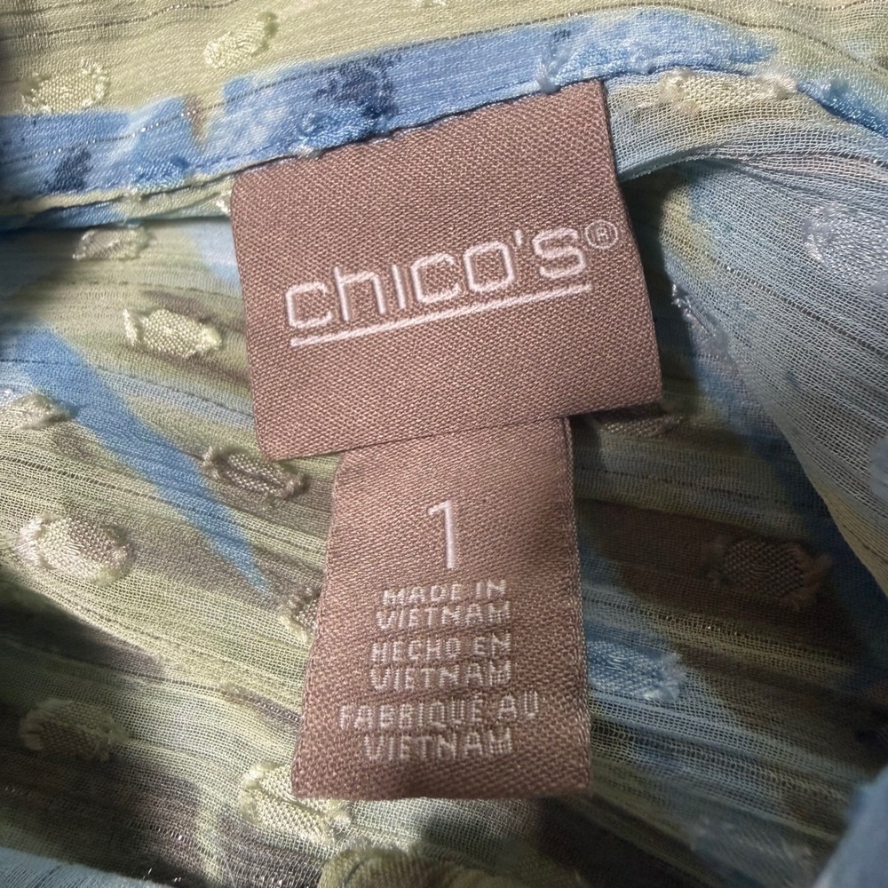 Chico's Abstract Palm Print Clip Dot Metallic Blouse Blue Green Size 1 Medium - Picture 10 of 12